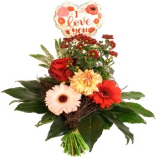 Bouquet pink red in heart frame (Pink - Red bouquet in a heart frame + 150 grams in a candy box + bottle of Italian Prosecco brut)